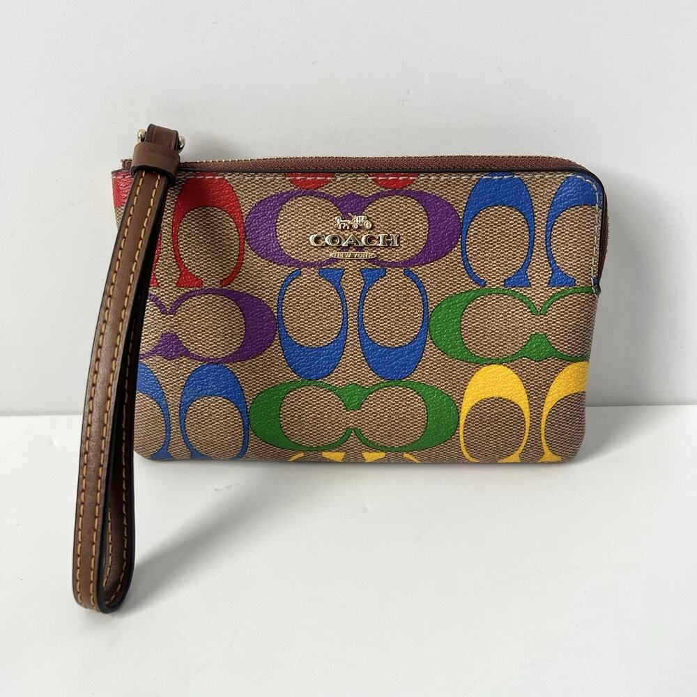 Coach Tan Natural Pride Rainbow Signature Corner Zip Wristlet Canvas Wallet Bag